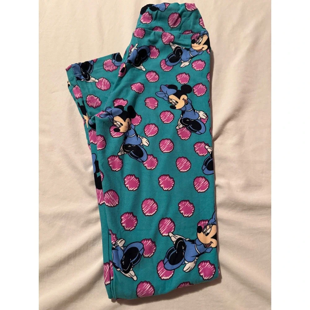 LuLaRoe Kids L/XL Leggings Bundle Disney Minnie Mouse Teal & Heart Print 2 Pack